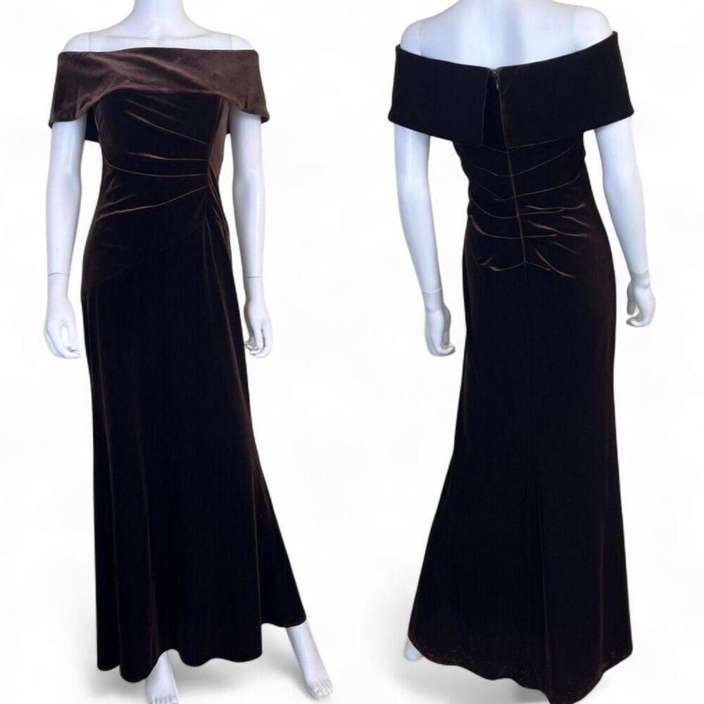 Xscape Brown Velvet Off Shoulder Maxi Formal Gown